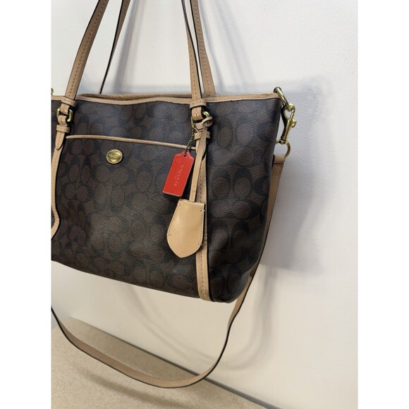 Coach Authentic Peyton Signature Brown Leather Monogram Zip Carryall Shoulder - Picture 2 of 16